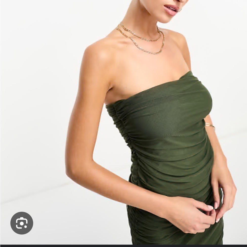 Chic Strapless Olive Green Ruched Mesh Midi Dress